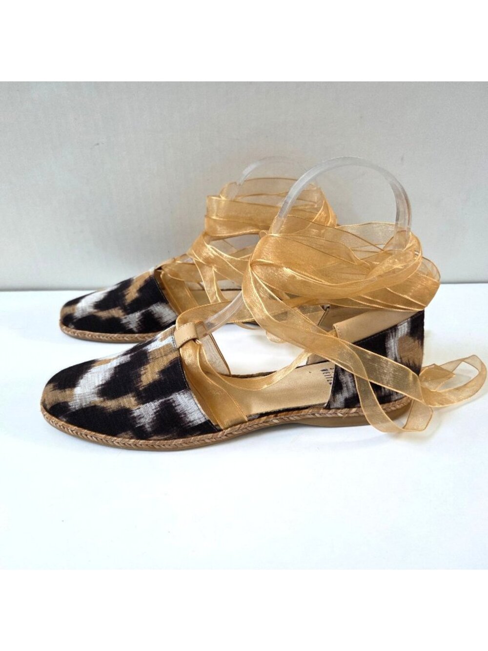 Stuart Weitzman Flats 7 Beige Black Calico Linen Espadrille D'Orsay Lace Up NEW